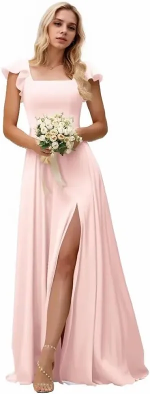 Kyeuan Side Slit Bridesmaid Dresses Long Ruffle Sleeve Square Neck Formal Evening Dress for Women Elegant