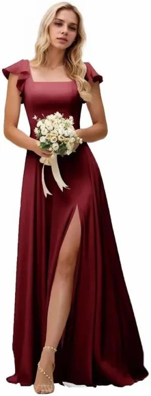 Kyeuan Side Slit Bridesmaid Dresses Long Ruffle Sleeve Square Neck Formal Evening Dress for Women Elegant