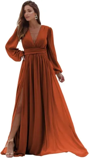 Long Sleeve Bridesmaid Dresses for Wedding Chiffon V-Neck Side Slit Backless Formal Evening Gowns for Women