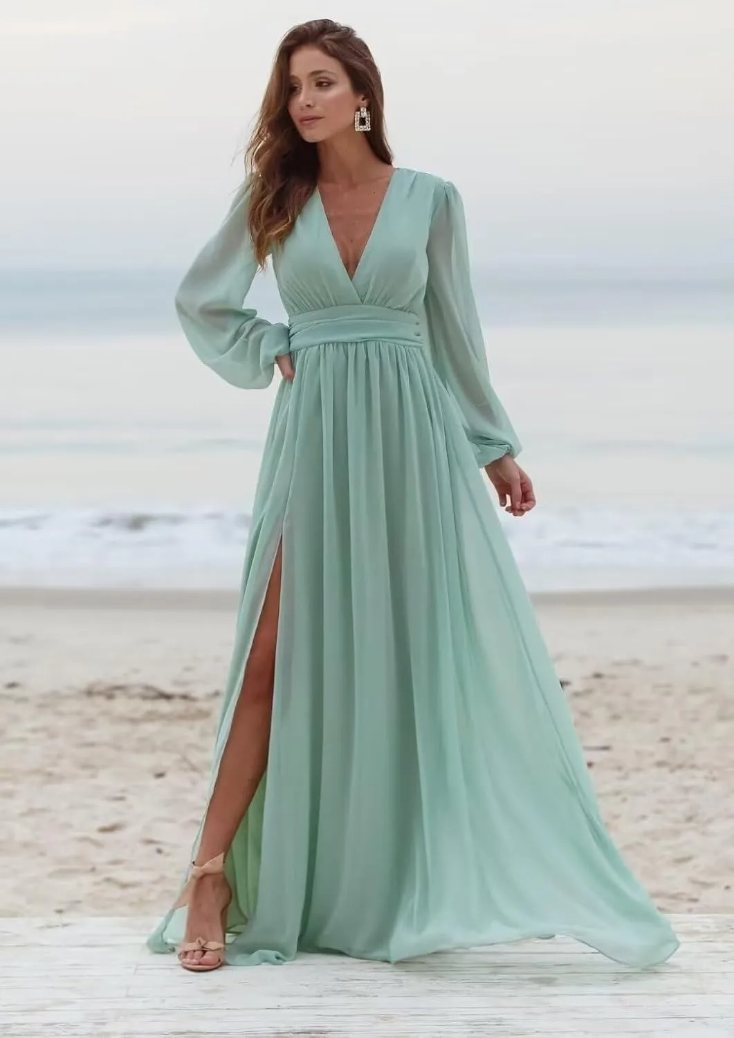 Long Sleeve Bridesmaid Dresses for Wedding Chiffon V-Neck Side Slit Backless Formal Evening Gowns for Women