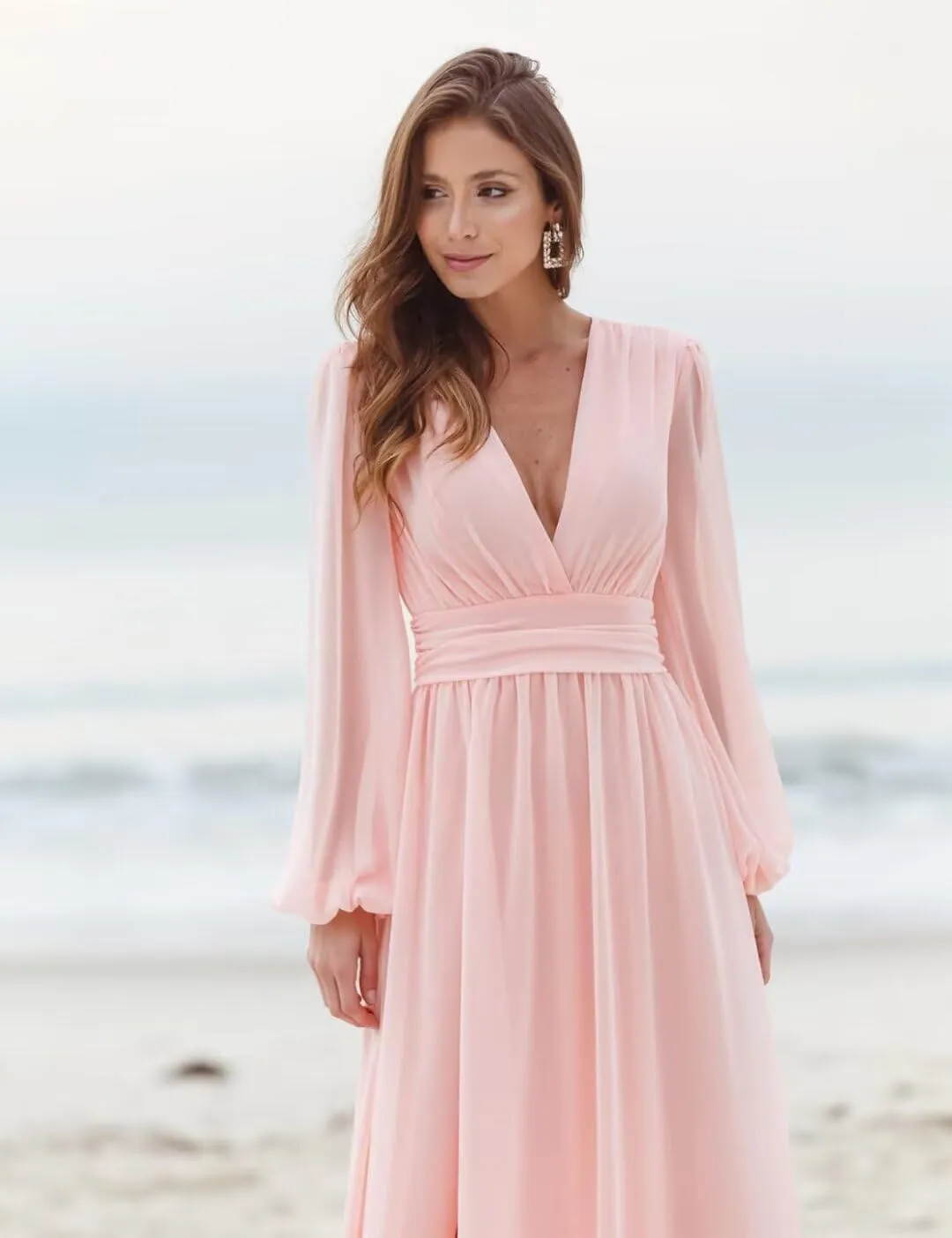 Long Sleeve Bridesmaid Dresses for Wedding Chiffon V-Neck Side Slit Backless Formal Evening Gowns for Women