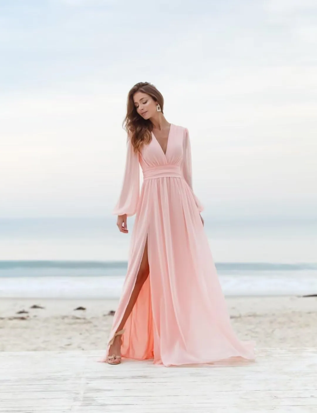 Long Sleeve Bridesmaid Dresses for Wedding Chiffon V-Neck Side Slit Backless Formal Evening Gowns for Women