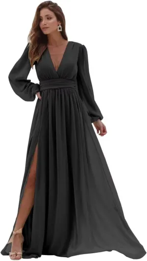 Long Sleeve Bridesmaid Dresses for Wedding Chiffon V-Neck Side Slit Backless Formal Evening Gowns for Women