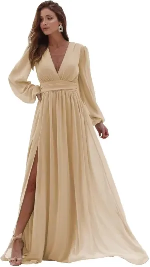 Long Sleeve Bridesmaid Dresses for Wedding Chiffon V-Neck Side Slit Backless Formal Evening Gowns for Women