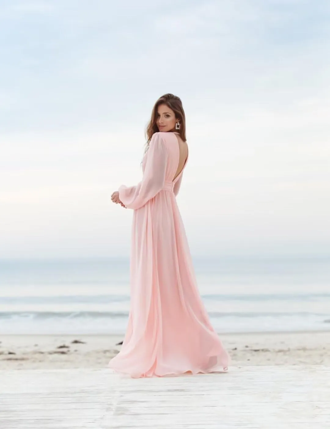 Long Sleeve Bridesmaid Dresses for Wedding Chiffon V-Neck Side Slit Backless Formal Evening Gowns for Women