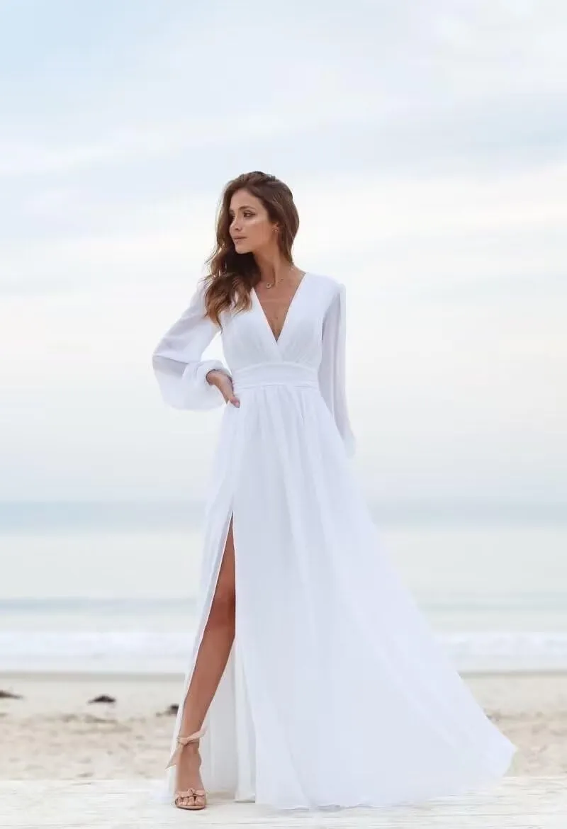 Long Sleeve Bridesmaid Dresses for Wedding Chiffon V-Neck Side Slit Backless Formal Evening Gowns for Women