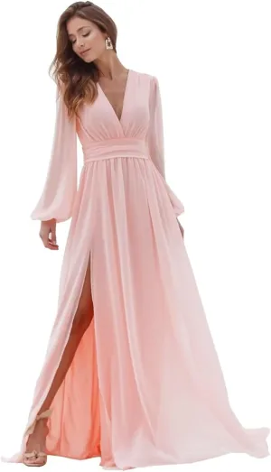 Long Sleeve Bridesmaid Dresses for Wedding Chiffon V-Neck Side Slit Backless Formal Evening Gowns for Women