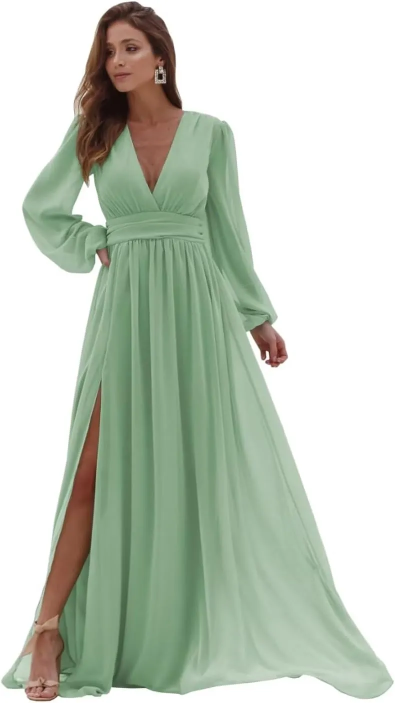 Long Sleeve Bridesmaid Dresses for Wedding Chiffon V-Neck Side Slit Backless Formal Evening Gowns for Women