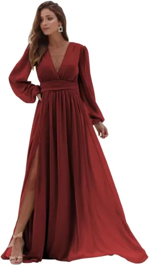 Long Sleeve Bridesmaid Dresses for Wedding Chiffon V-Neck Side Slit Backless Formal Evening Gowns for Women