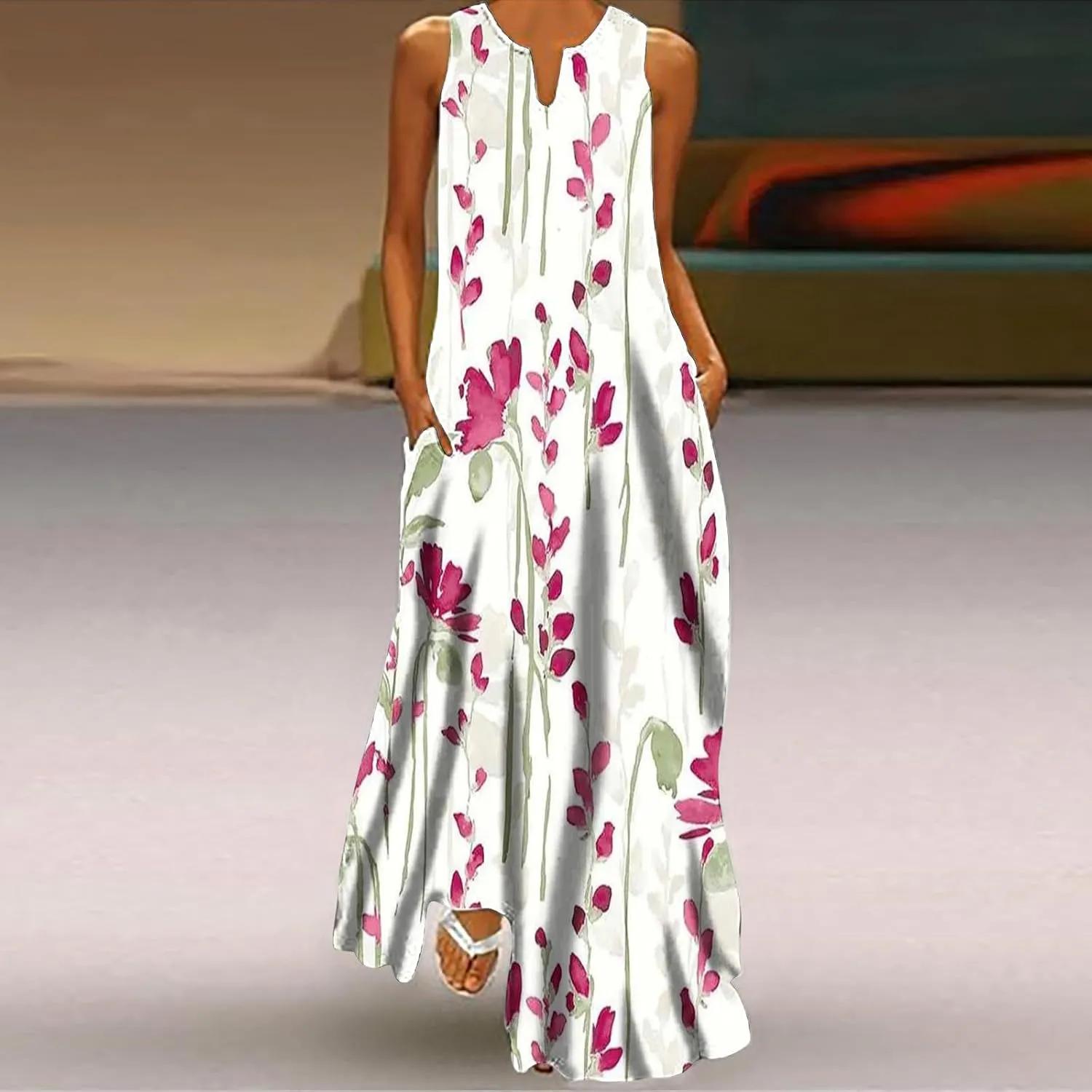 Maxi Dresses for Women Casual Summer Sleeveless Tank Dresses Vintage Floral Print Loose Beach Sundress with Pockets