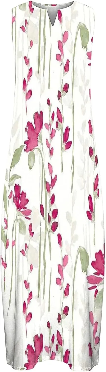 Maxi Dresses for Women Casual Summer Sleeveless Tank Dresses Vintage Floral Print Loose Beach Sundress with Pockets