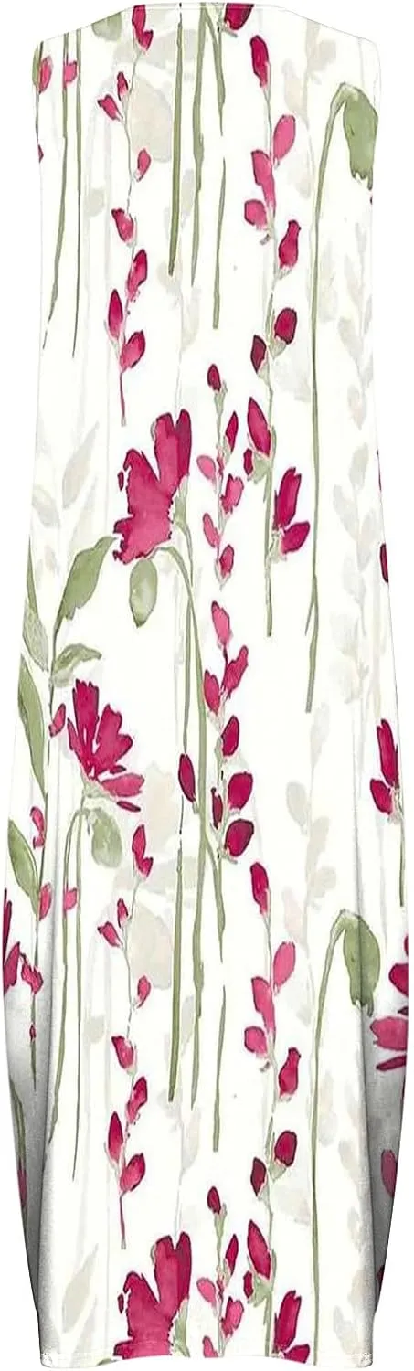 Maxi Dresses for Women Casual Summer Sleeveless Tank Dresses Vintage Floral Print Loose Beach Sundress with Pockets