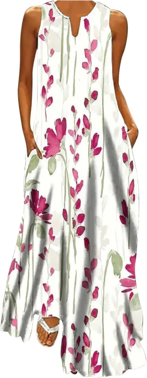 Maxi Dresses for Women Casual Summer Sleeveless Tank Dresses Vintage Floral Print Loose Beach Sundress with Pockets
