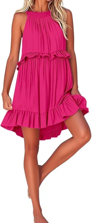 Mini Dress for Women 2025 Summer Boho Sleeveless Ruffle Halter Neck Flowy Beach Vacation Tiered Loose Country Sundresses