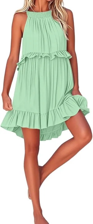 Mini Dress for Women 2025 Summer Boho Sleeveless Ruffle Halter Neck Flowy Beach Vacation Tiered Loose Country Sundresses