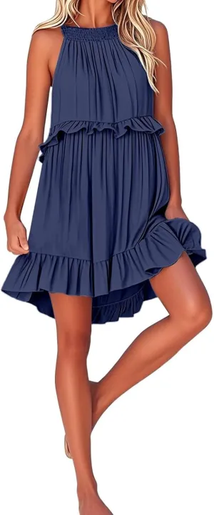 Mini Dress for Women 2025 Summer Boho Sleeveless Ruffle Halter Neck Flowy Beach Vacation Tiered Loose Country Sundresses