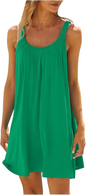 Mini Dresses for Women Summer Print Boho Swing Ruffle Beach Dresses Sleeveless Crewneck Casual Spaghetti Strap Dress