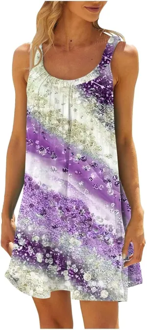 Mini Dresses for Women Summer Print Boho Swing Ruffle Beach Dresses Sleeveless Crewneck Casual Spaghetti Strap Dress