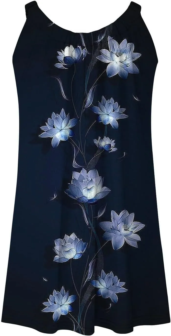 Mini Dresses for Women Summer Print Boho Swing Ruffle Beach Dresses Sleeveless Crewneck Casual Spaghetti Strap Dress