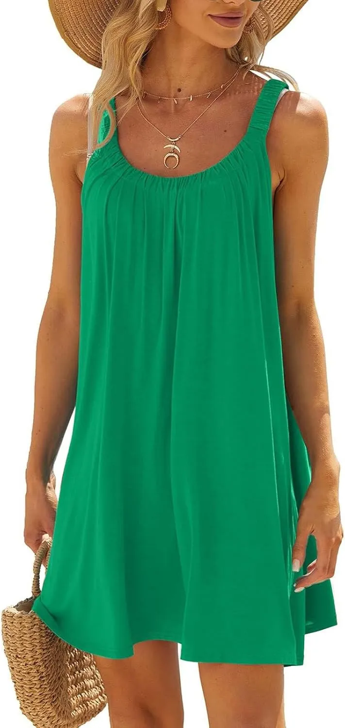 Mini Dresses for Women Summer Print Boho Swing Ruffle Beach Dresses Sleeveless Crewneck Casual Spaghetti Strap Dress