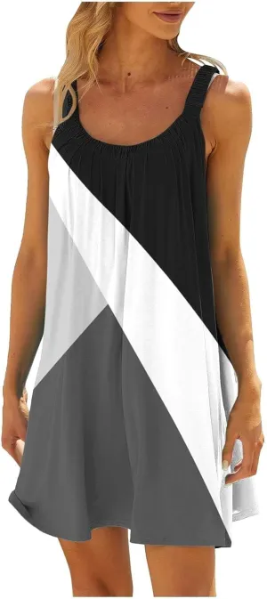 Mini Dresses for Women Summer Print Boho Swing Ruffle Beach Dresses Sleeveless Crewneck Casual Spaghetti Strap Dress