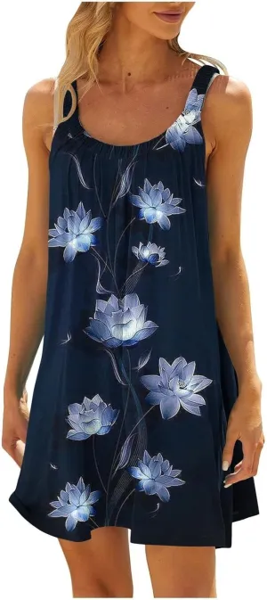 Mini Dresses for Women Summer Print Boho Swing Ruffle Beach Dresses Sleeveless Crewneck Casual Spaghetti Strap Dress