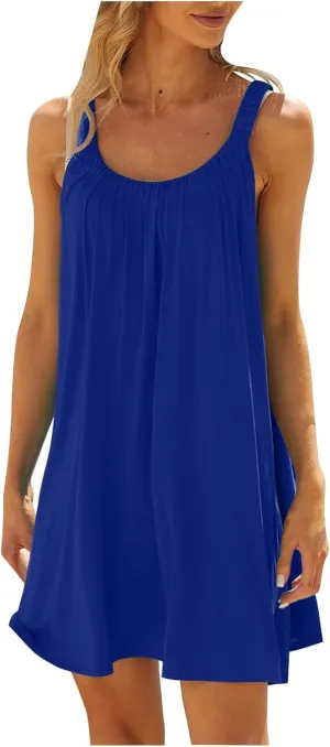 Mini Dresses for Women Summer Print Boho Swing Ruffle Beach Dresses Sleeveless Crewneck Casual Spaghetti Strap Dress