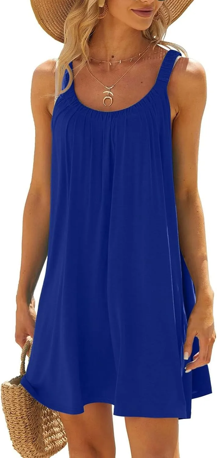 Mini Dresses for Women Summer Print Boho Swing Ruffle Beach Dresses Sleeveless Crewneck Casual Spaghetti Strap Dress