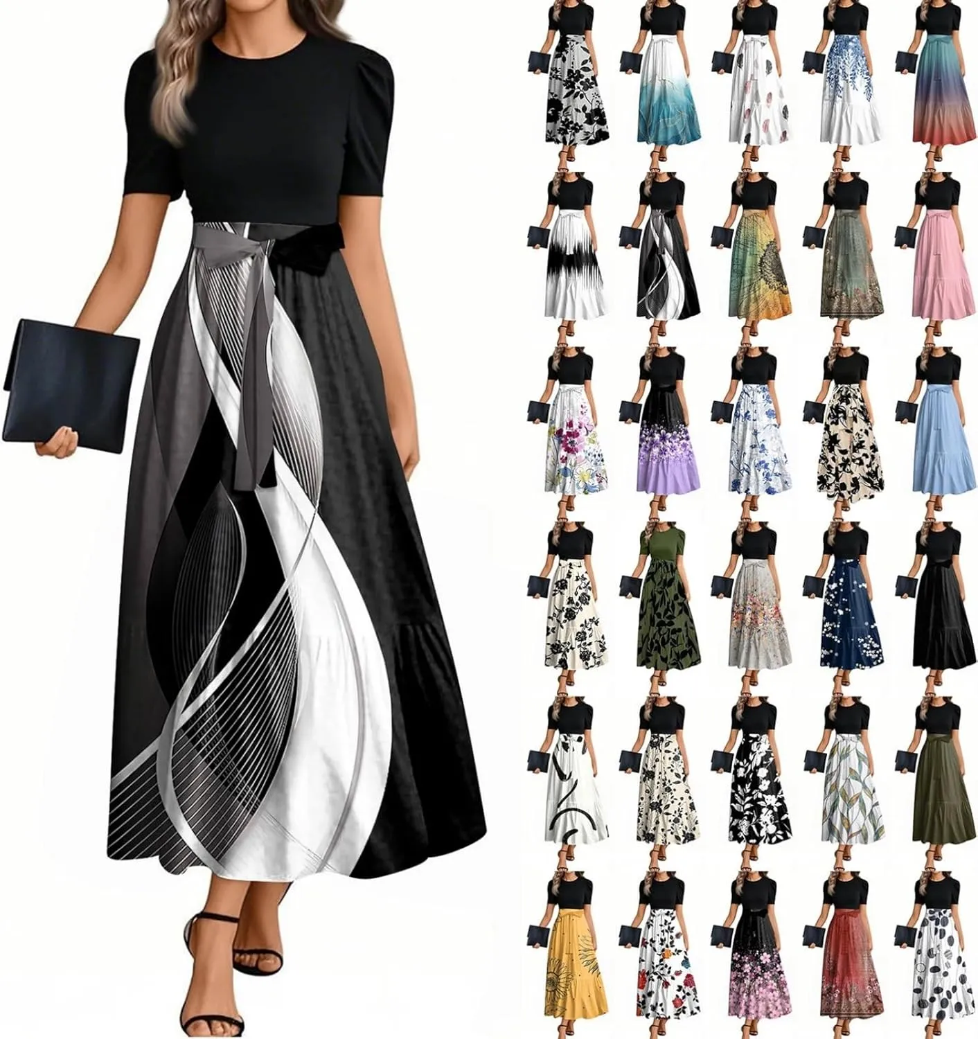 Modest Dresses for Women 2025 Summer Puff Short Sleeve Floral Church Dress Retro Boho Wedding Guest Dress with Belt