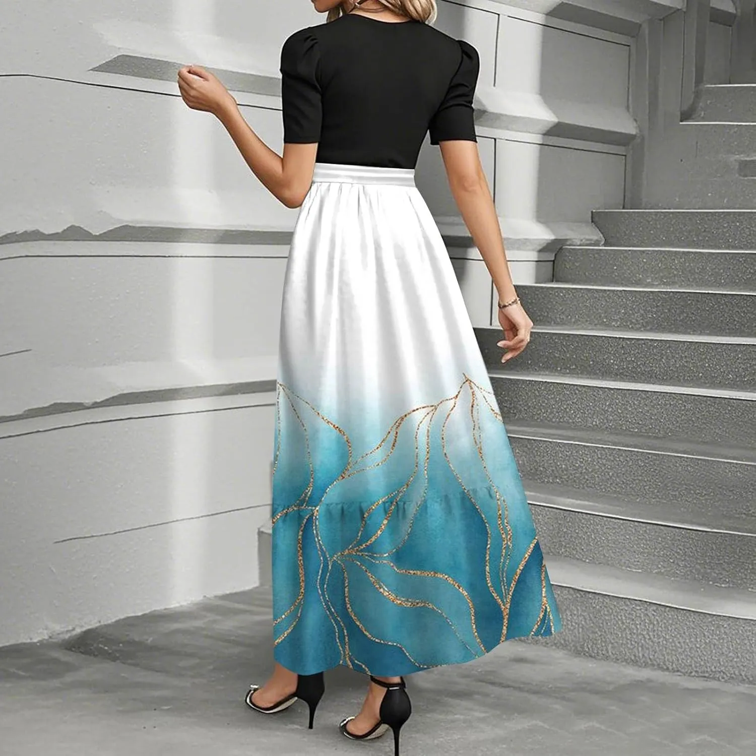 Modest Dresses for Women 2025 Summer Puff Short Sleeve Floral Church Dress Retro Boho Wedding Guest Dress with Belt