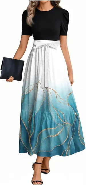 Modest Dresses for Women 2025 Summer Puff Short Sleeve Floral Church Dress Retro Boho Wedding Guest Dress with Belt