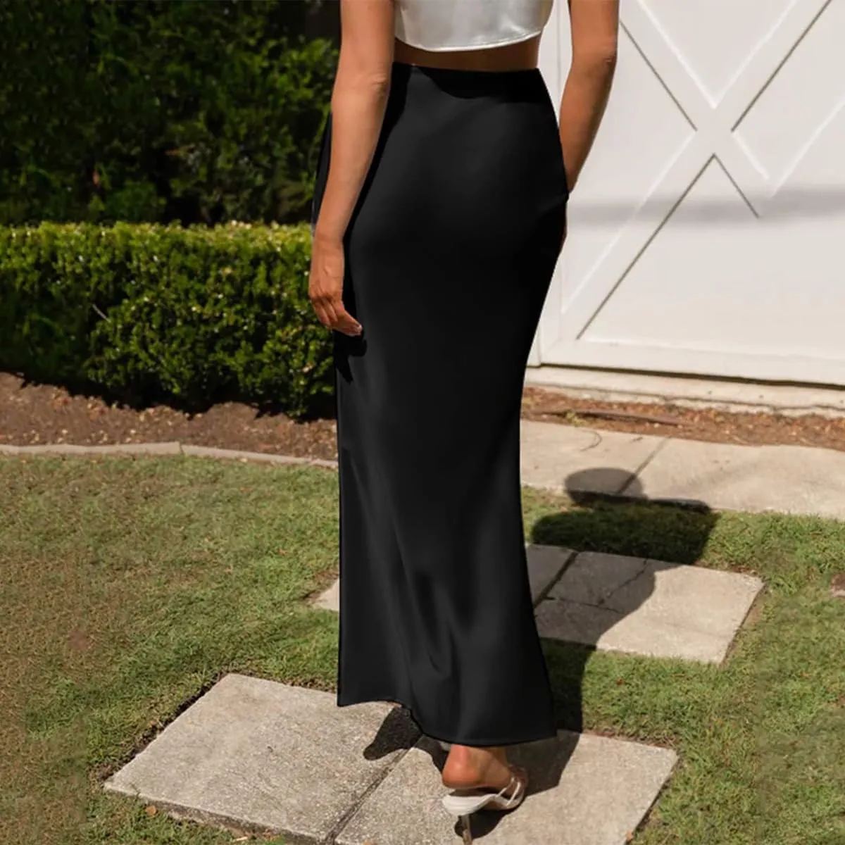 OBEEII Satin Skirts for Women High Waist Ruffle Mermaid Hem Silk Satin Maxi Skirt Cocktail Party Wedding Long Skirts
