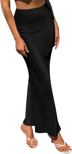 OBEEII Satin Skirts for Women High Waist Ruffle Mermaid Hem Silk Satin Maxi Skirt Cocktail Party Wedding Long Skirts