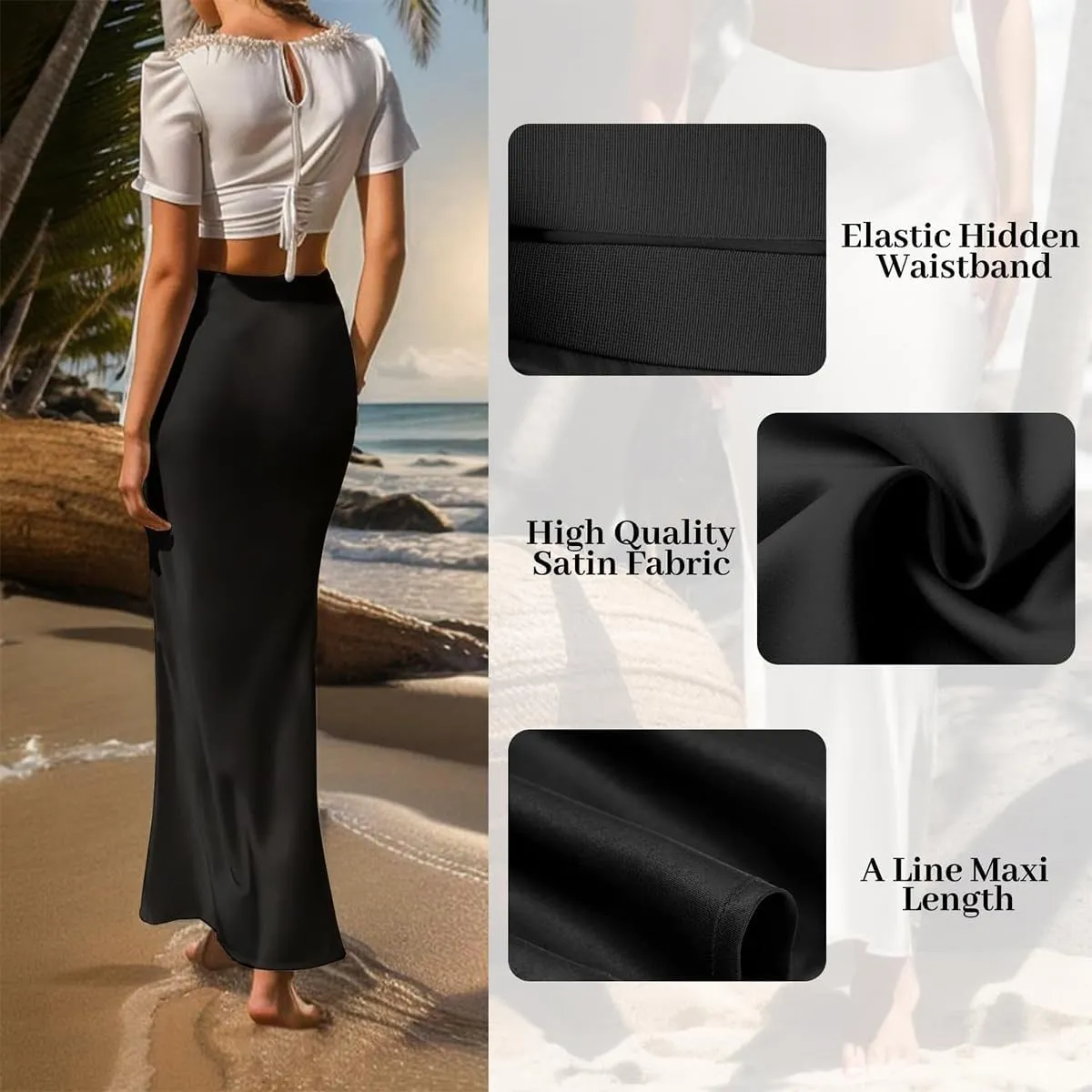 OBEEII Satin Skirts for Women High Waist Ruffle Mermaid Hem Silk Satin Maxi Skirt Cocktail Party Wedding Long Skirts