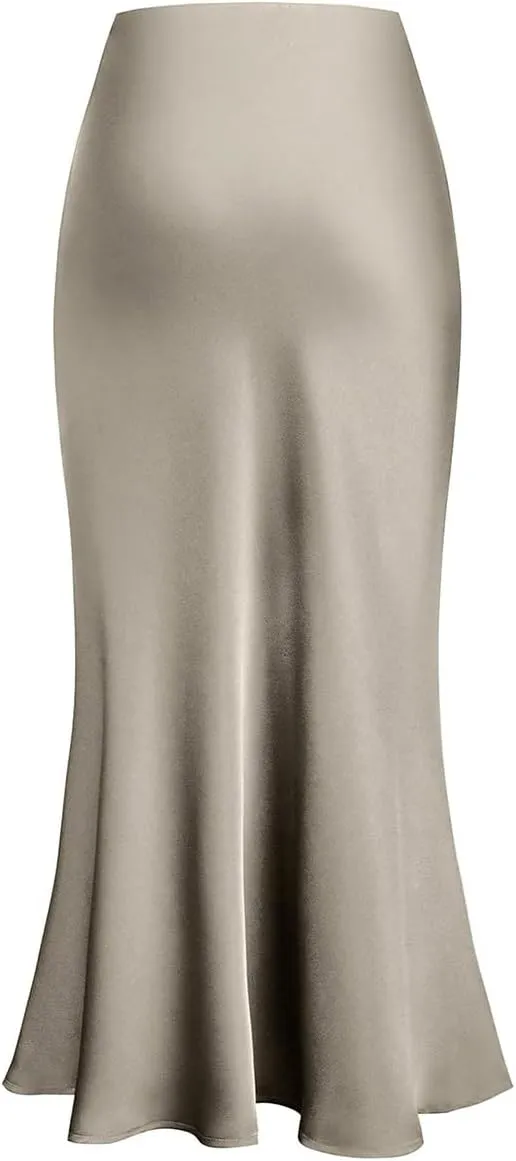 OBEEII Satin Skirts for Women High Waist Ruffle Mermaid Hem Silk Satin Maxi Skirt Cocktail Party Wedding Long Skirts