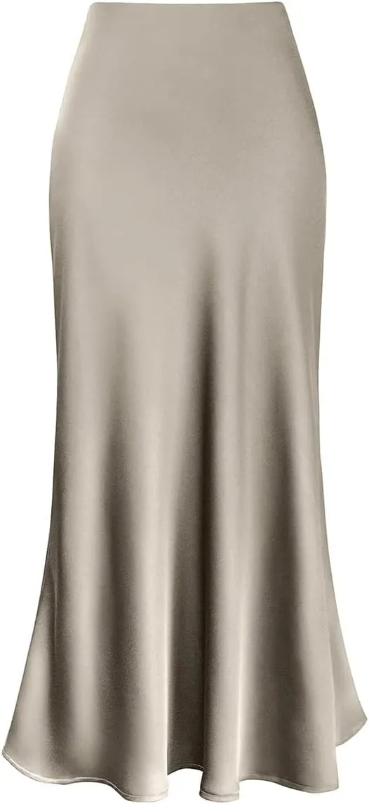 OBEEII Satin Skirts for Women High Waist Ruffle Mermaid Hem Silk Satin Maxi Skirt Cocktail Party Wedding Long Skirts