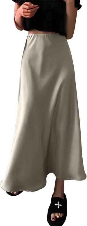 OBEEII Satin Skirts for Women High Waist Ruffle Mermaid Hem Silk Satin Maxi Skirt Cocktail Party Wedding Long Skirts