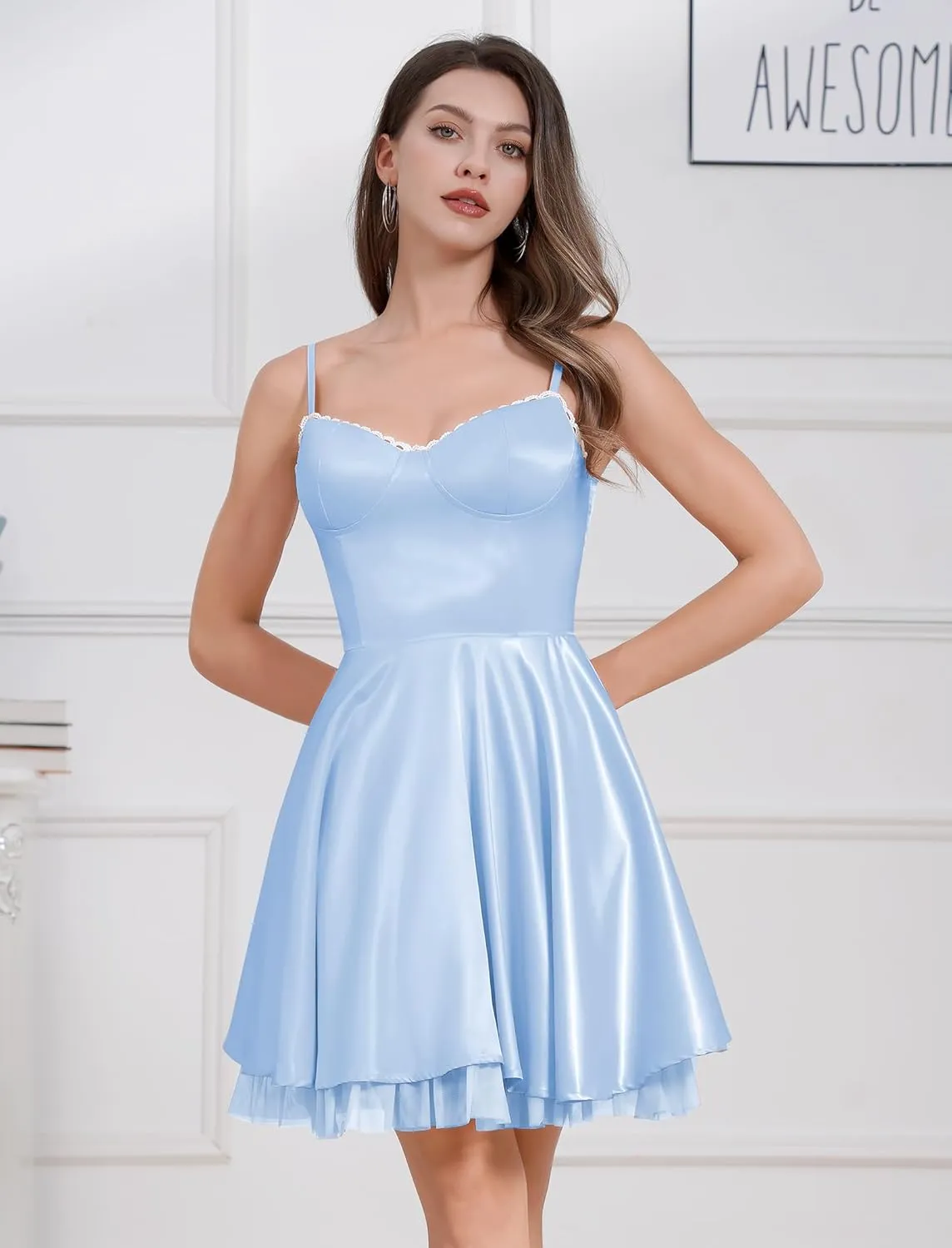 ODIZLI Women's Satin Short Corset Mini Short Dress Sleeveless Sweetheart Neckline Ruffle Party Dress Summer with Pockets