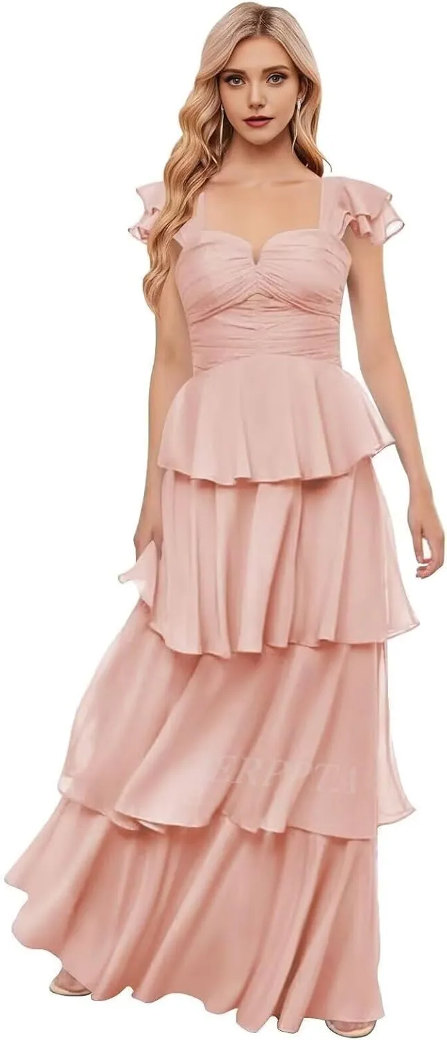 Off The Shoulder Bridesmaid Dresses Long Prom Dress 2025 Ruffle Tiered Chiffon Formal Evening Gowns with Sleeves