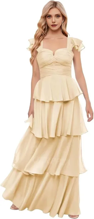 Off The Shoulder Bridesmaid Dresses Long Prom Dress 2025 Ruffle Tiered Chiffon Formal Evening Gowns with Sleeves