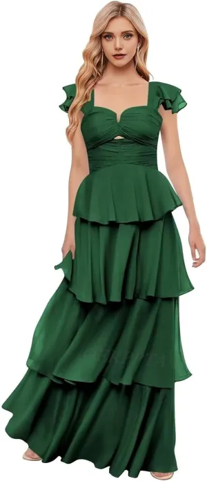 Off The Shoulder Bridesmaid Dresses Long Prom Dress 2025 Ruffle Tiered Chiffon Formal Evening Gowns with Sleeves