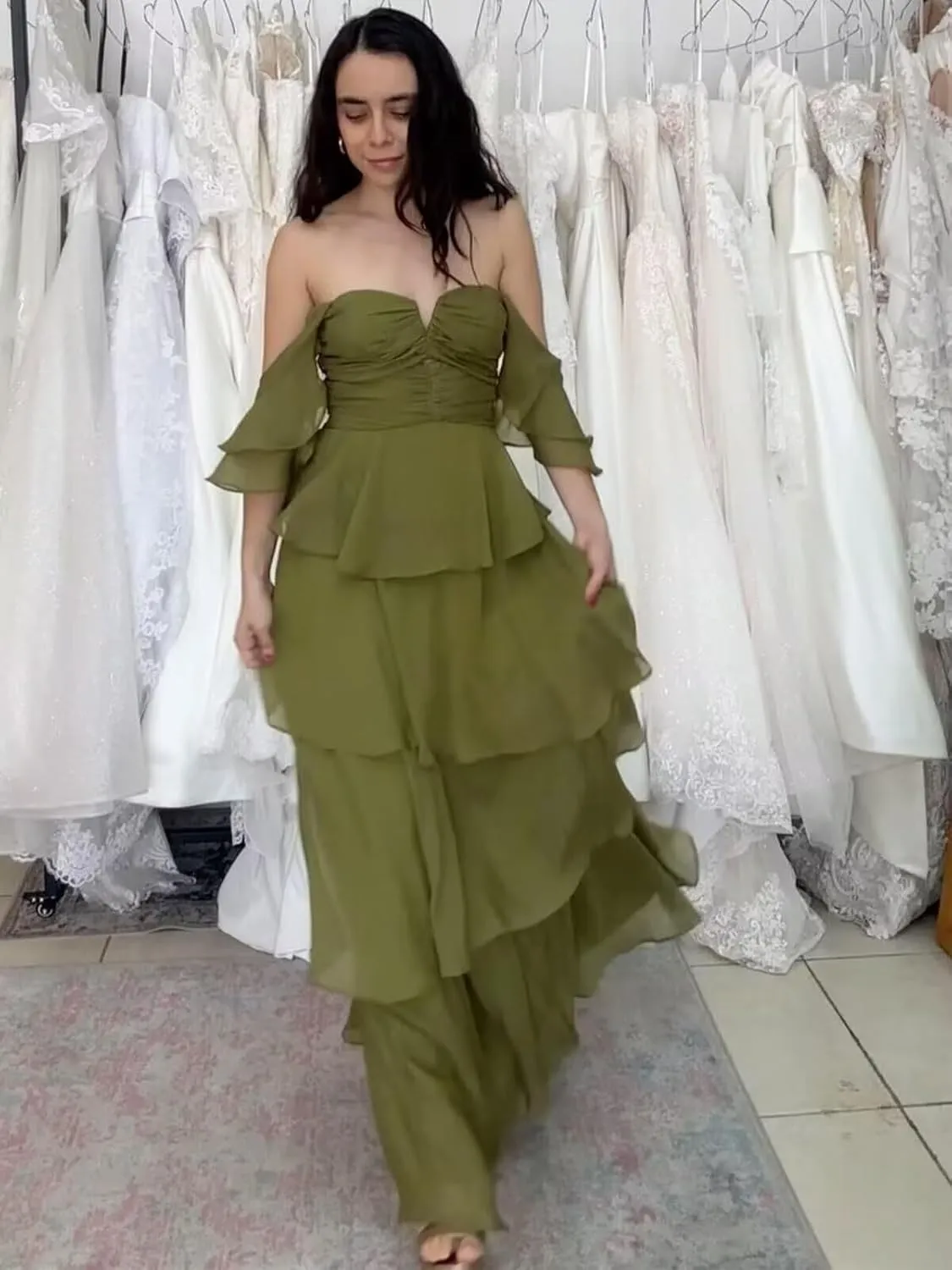 Off The Shoulder Bridesmaid Dresses Long Prom Dress 2025 Ruffle Tiered Chiffon Formal Evening Gowns with Sleeves