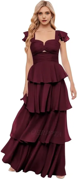 Off The Shoulder Bridesmaid Dresses Long Prom Dress 2025 Ruffle Tiered Chiffon Formal Evening Gowns with Sleeves