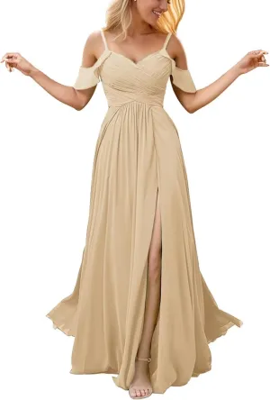 Off The Shoulder Bridesmaid Dresses with Slit V Neck Pleated Chiffon Formal Dresses Long Wedding Guest Dress