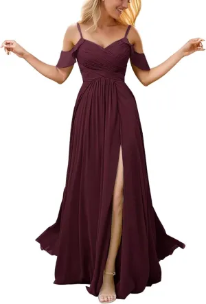 Off The Shoulder Bridesmaid Dresses with Slit V Neck Pleated Chiffon Formal Dresses Long Wedding Guest Dress