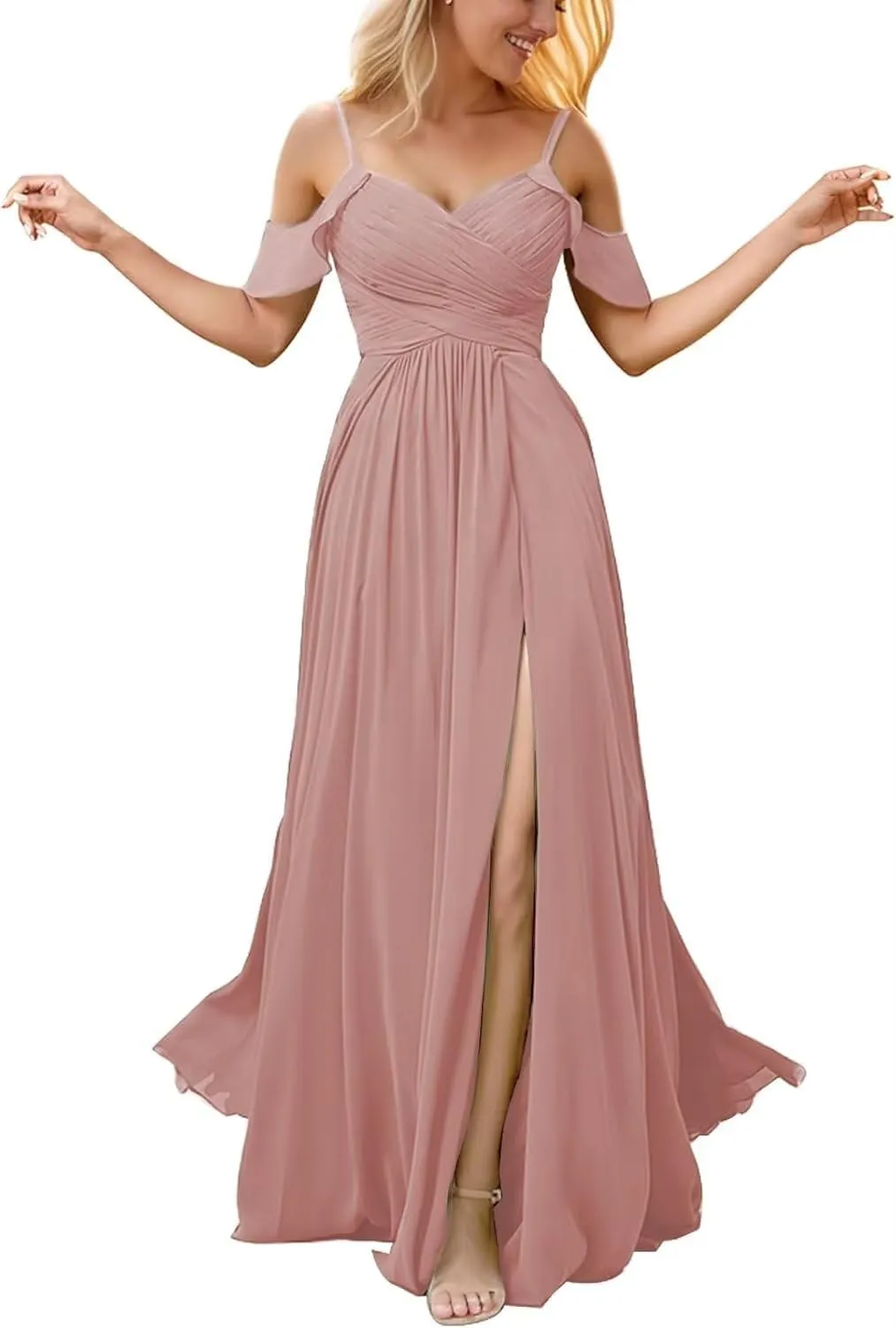 Off The Shoulder Bridesmaid Dresses with Slit V Neck Pleated Chiffon Formal Dresses Long Wedding Guest Dress