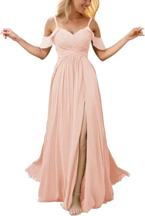 Off The Shoulder Bridesmaid Dresses with Slit V Neck Pleated Chiffon Formal Dresses Long Wedding Guest Dress