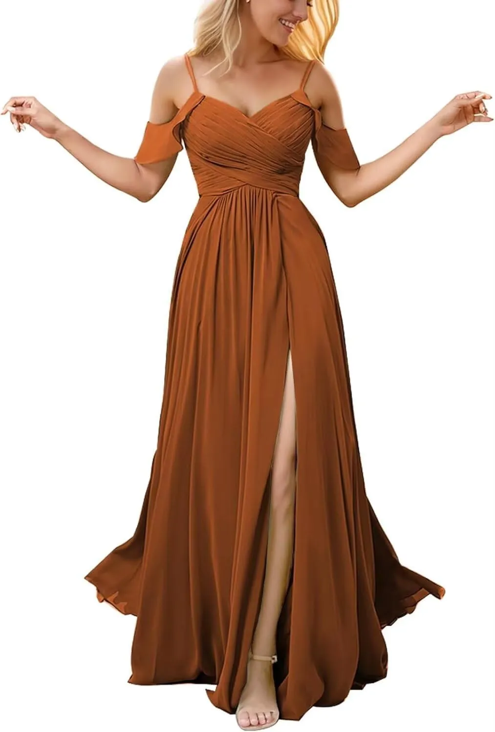 Off The Shoulder Bridesmaid Dresses with Slit V Neck Pleated Chiffon Formal Dresses Long Wedding Guest Dress