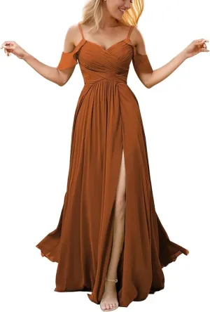 Off The Shoulder Bridesmaid Dresses with Slit V Neck Pleated Chiffon Formal Dresses Long Wedding Guest Dress