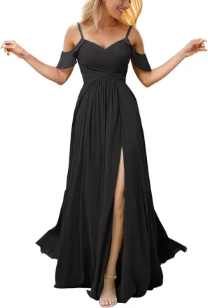 Off The Shoulder Bridesmaid Dresses with Slit V Neck Pleated Chiffon Formal Dresses Long Wedding Guest Dress